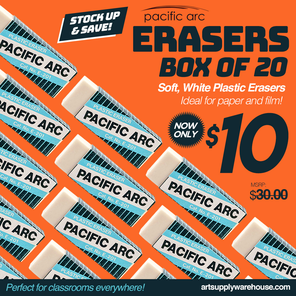 Stock Up & Save! Pacific Arc Erasers. Box of 20 Soft White Plastic Erasers. Ideal for paper and film! MSRP $30.00, Now only $10.00. Perfect for classrooms everywhere!