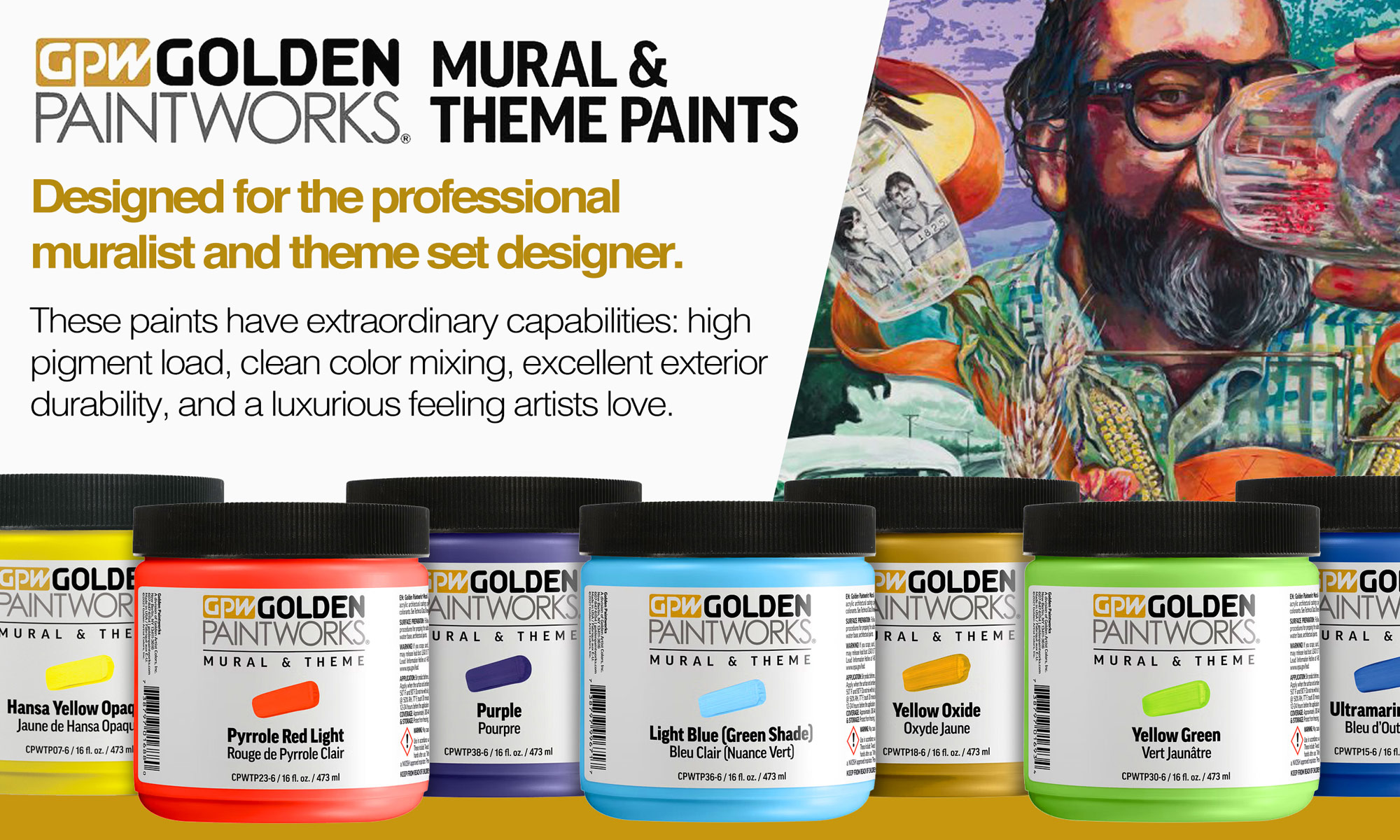 GPW Golden Paintworks Mural & Theme Paints. Designed for the professional muralist and theme set designer. These paints have extraordinary capabilities: high pigment load, clean color mixing, excellent exterior durability and a luxurious feeling artists love.