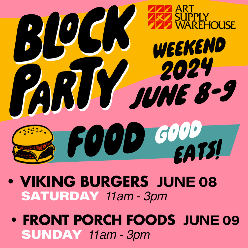 Block Party Weekend 2024 June 8 & 9. Food Good Eats. Viking Burgers on June 8 Saturday from 11am to 3pm. Front Porch Foods on June 9 Sunday from 11am to 3pm.