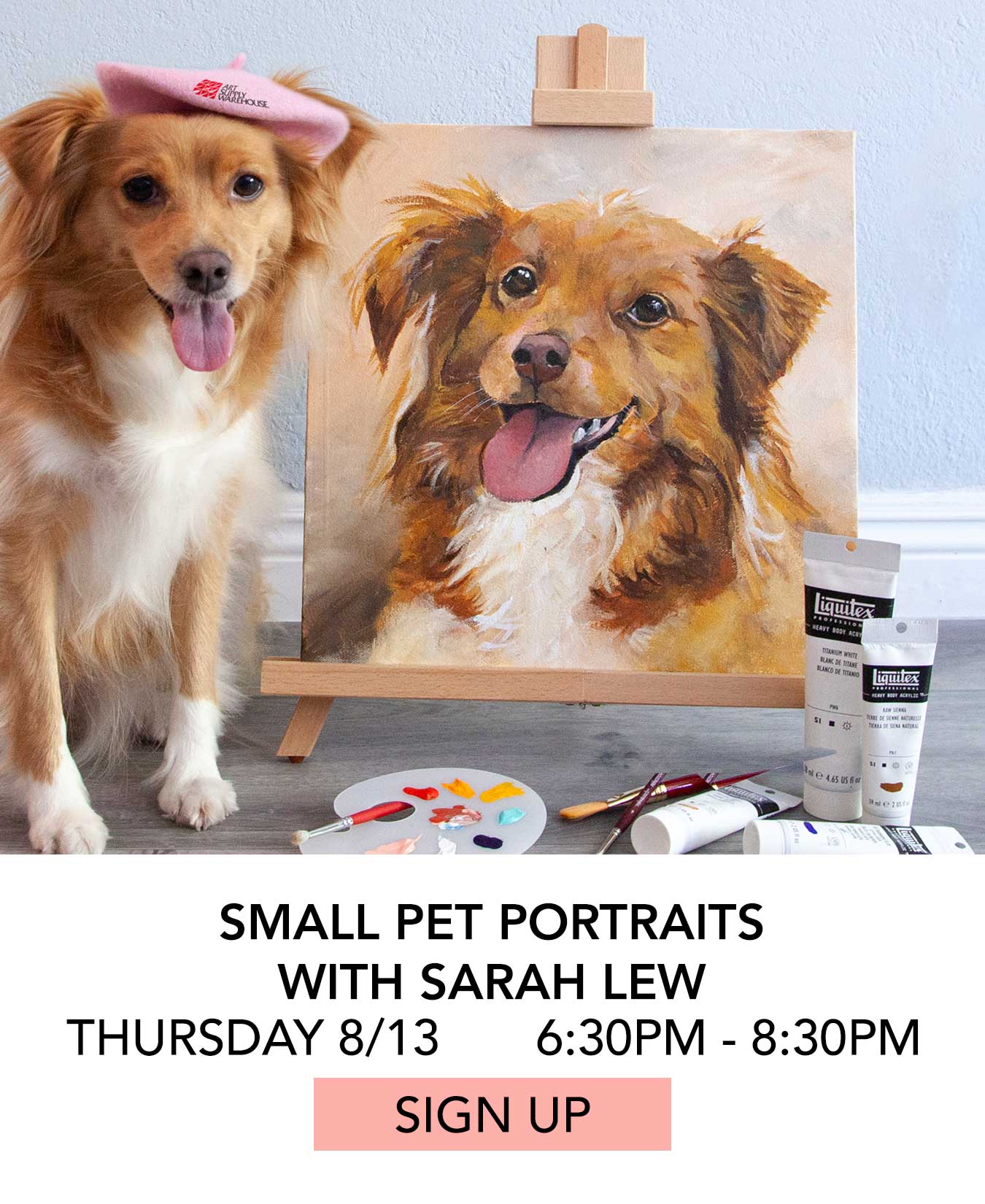 Class: Small Pet Portraits with Sarah Lew. Thursday 08/13 from 6:30pm to 8:30pm. Click to Sign Up.
