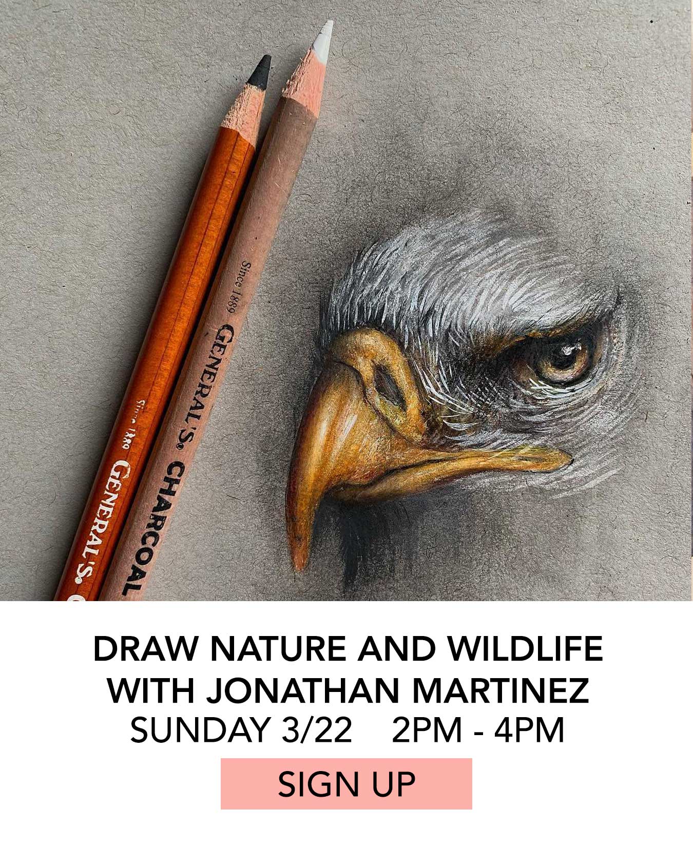 Class: Draw Nature and Wildlife with Jonathan Martinez. Sunday 03/22 from 2:00pm to 4:00pm. Click to Sign Up.