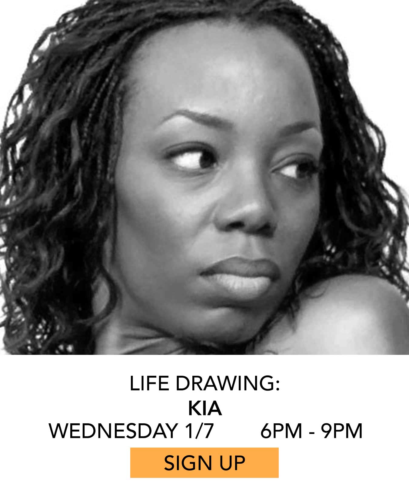 Life Drawing: Kia. Wednesday 01/07 from 6pm to 9pm. Click to Sign Up.