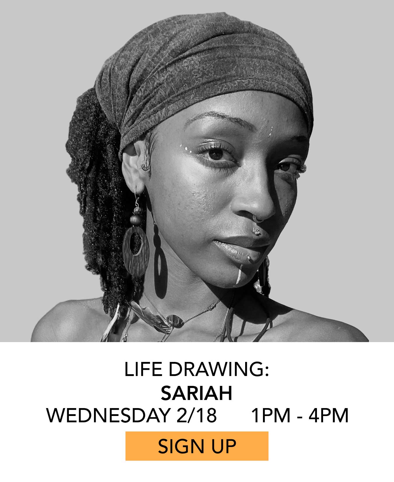 Life Drawing: Sariah. Wednesday 02/18 from 1pm to 4pm. Click to Sign Up.