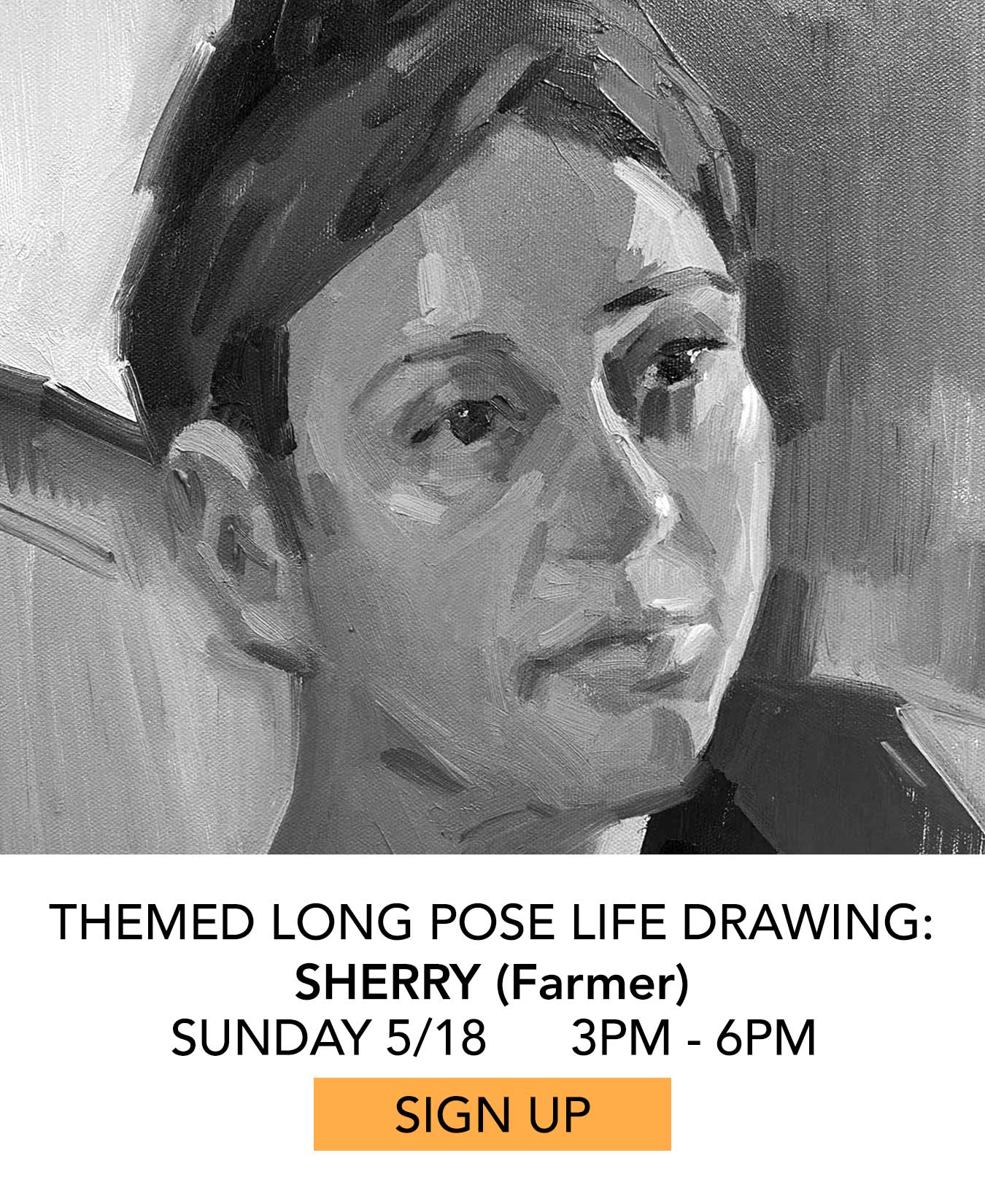 Life Drawing: Sherry. Themed Long Pose Farmer. Sunday 05/18 from 3pm to 6pm. Click to Sign Up.