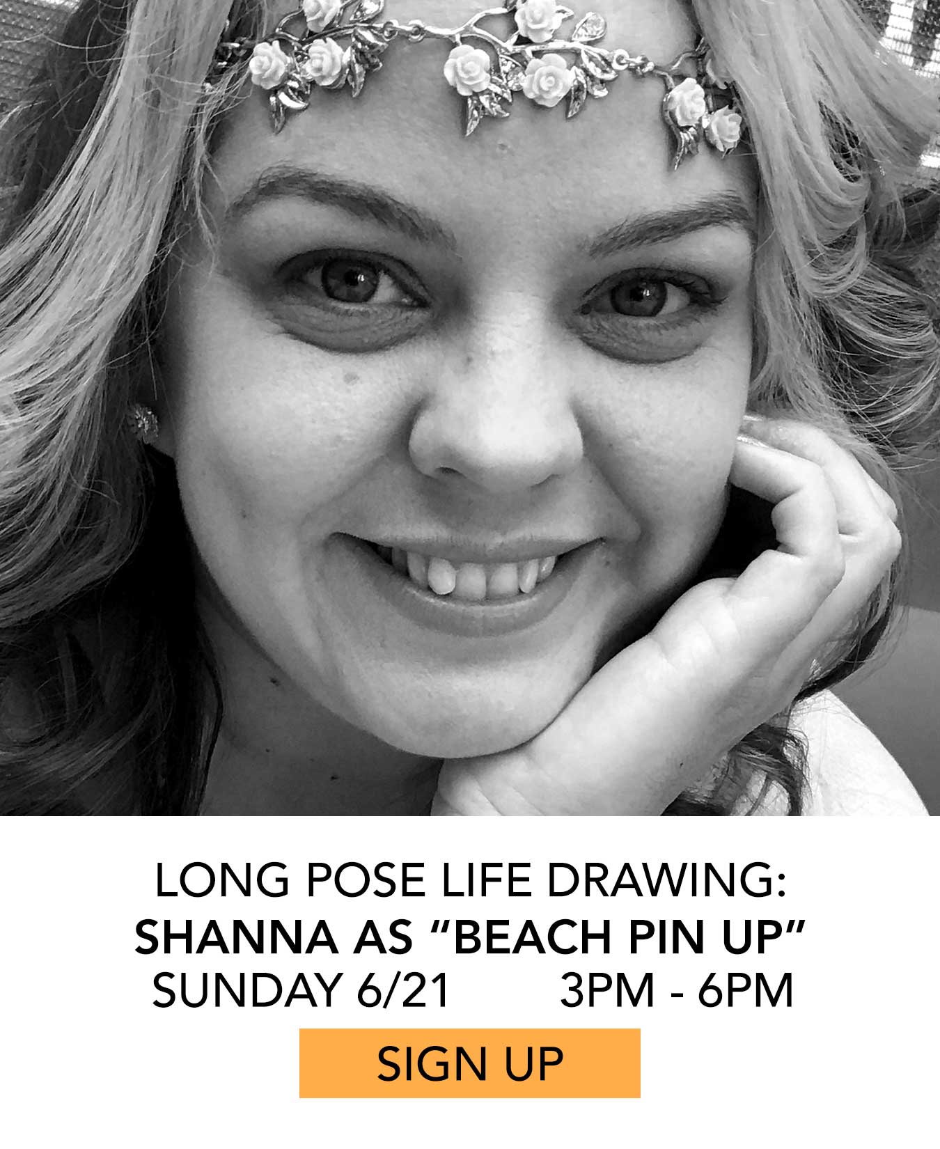 Life Drawing: Shanna (Long Pose) as Beach Pin-Up. Sunday 06/21 from 3pm to 6pm. Click to Sign Up.