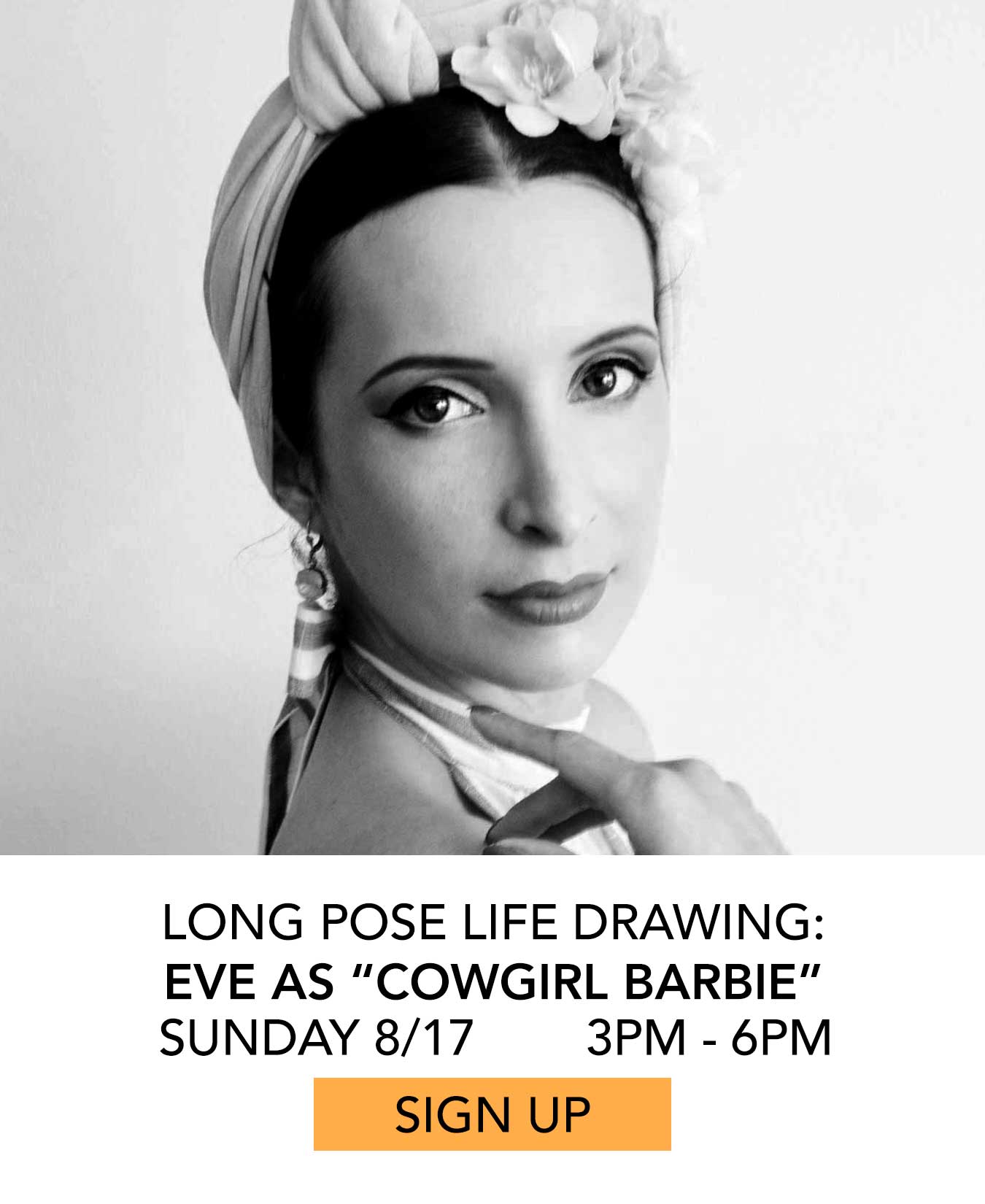 Long Pose Life Drawing: Eve as Cowgirl Barbie. Sunday 08/17 from 3pm to 6pm. Click to Sign Up.