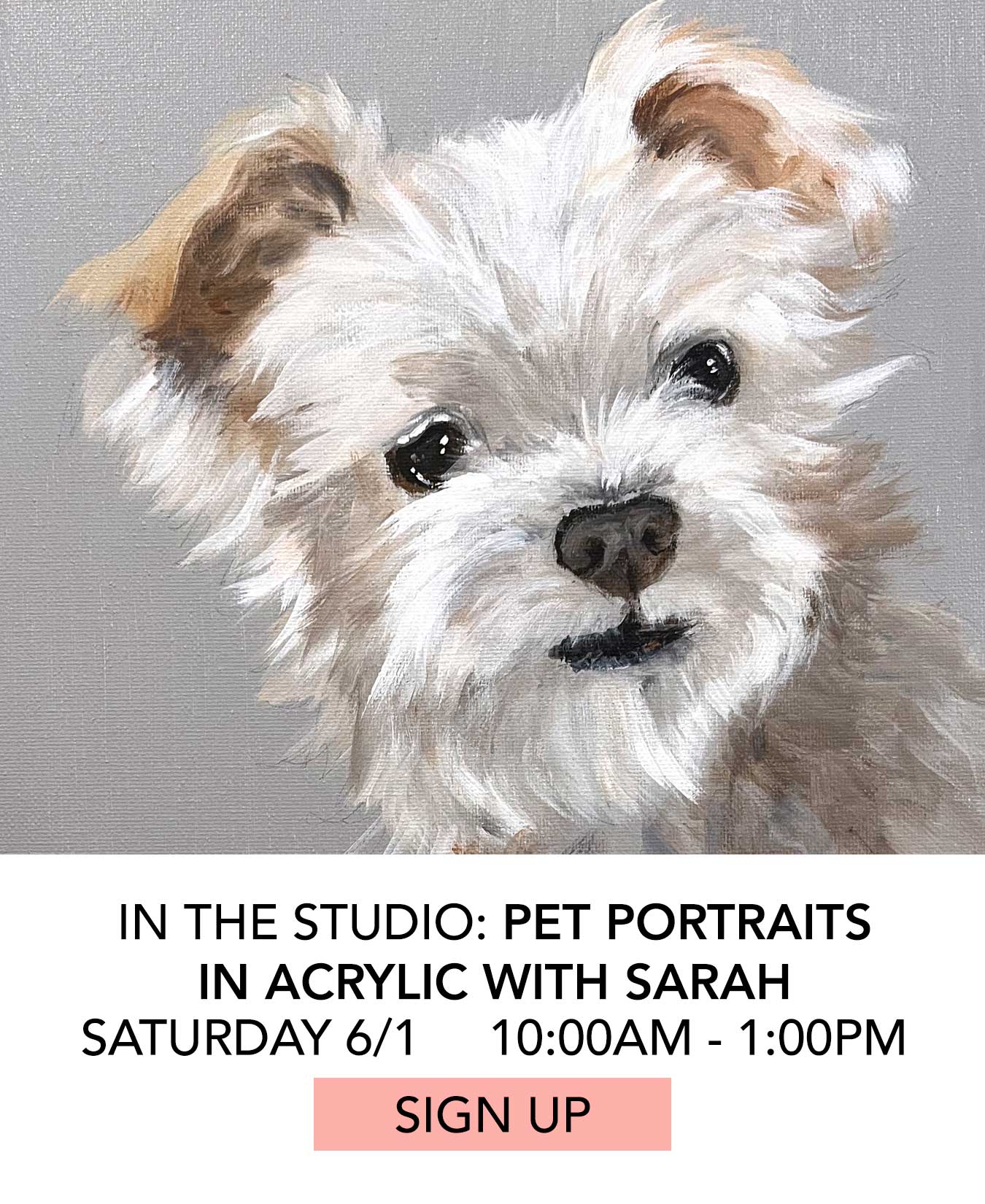 In the Studio: Pet Portraits in Acrylic with Sarah Lew. Saturday 6/1 from 10:00am to 1:00pm. Click to Sign Up.