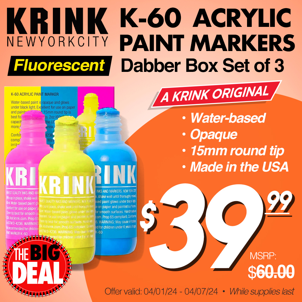 The Big Deal. Krink New York City K-60 Acrylic Paint Markers Fluorescent Dabber Box Set of 3.  Krink Original. Water-based, Opaque, 15mm round tip, made in the USA. MSRP $60.00, now only $39.99! Offer valid from April 1 to April 7, 2024. While supplies last.