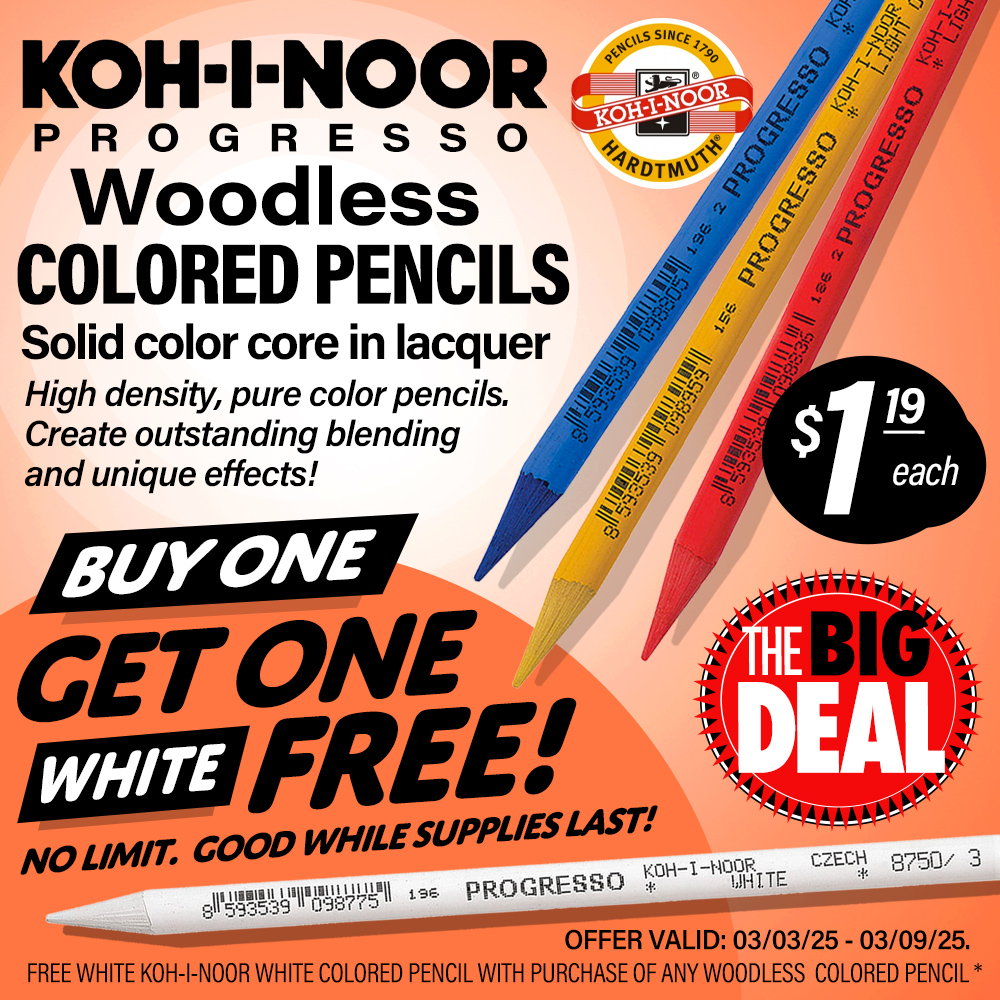 The Big Deal. Koh-I-Noor Progresso Woodless Colored Pencils. Solid color core in lacquer. High density, pure color pencils. Create outstanding blending and unique effects. Buy One, Get One White Free. Offer valid from March 3 to March 9, 2025. While supplies last.