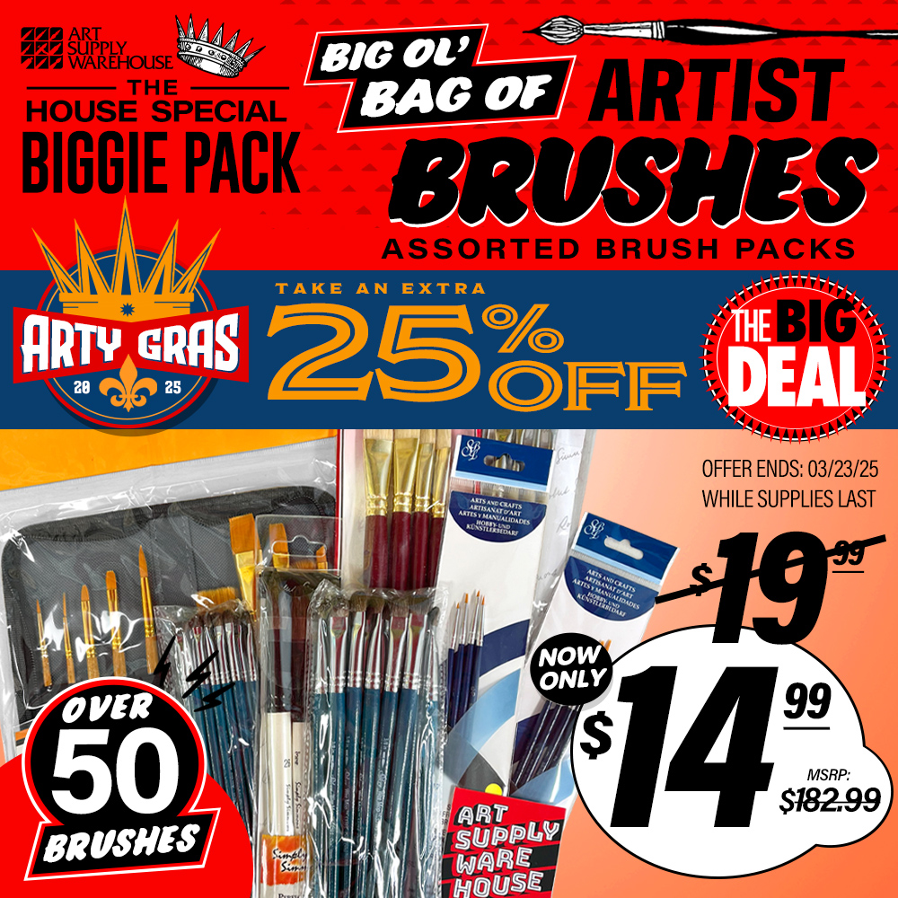 The Big Deal. The House Special Biggie Pack: Big Ol Bag of Artist Brushes. Assorted brush packs for oils, acrylics and watercolors. Over 50 brushes! MSRP $182.99, Big Deal Price $19.99, Arty Gras Price $14.99. Offer valid until March 23, 2025. While supplies last.