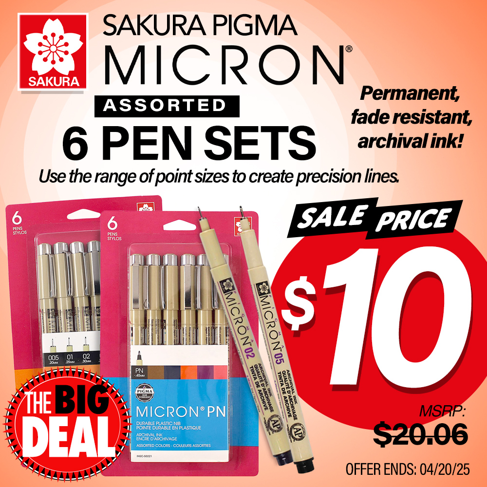 The Big Deal. Sakura Pigma Micron Assorted 6 Pen Sets. Use the range of point sizes to create precision lines. Permanent, fade resistant, archival ink. MSRP $20.06, Big Deal Price $10. Offer valid until April 20, 2025. While supplies last.