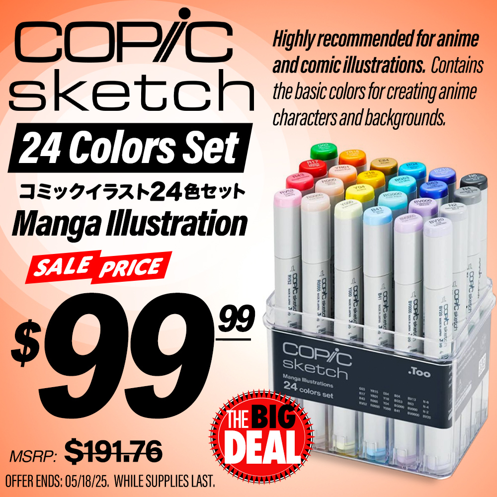 The Big Deal. Copic Sketch 24 Colors Set for Manga Illustration. Highly recommended for anime and comic illustrations. Contains the basic colors for creating anime characters and backgrounds. MSRP $191.76, Big Deal Price $99.99. Offer valid until May 18, 2025. While supplies last.