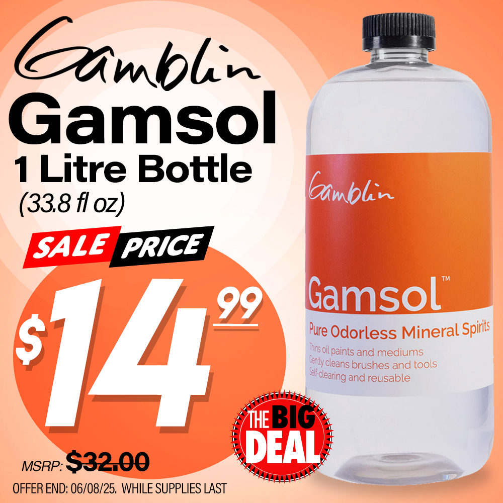 The Big Deal. Gamblin Gamsol 1 liter bottle. MSRP $32.00, Big Deal Price $14.99. Offer valid until June 8, 2025. While supplies last.