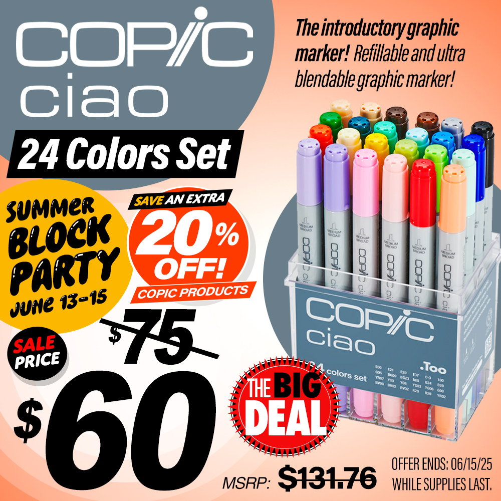 The Big Deal. Copic Ciao 24 Colors Set. The introductory graphic marker! Refillable and ultra blendable graphic marker for beginners to explore the world of drawing. MSRP $131.76, Big Deal Price $75.00. Offer valid until June 15, 2025. While supplies last.