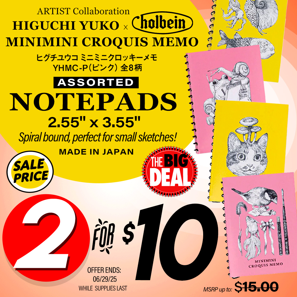 The Big Deal. Higuchi Yuko x Holbein Minimini Croquis Memo Assorted Notepads. MSRP 2 for $15.00, Big Deal Price 2 for $10. Offer valid until June 29, 2025. While supplies last.