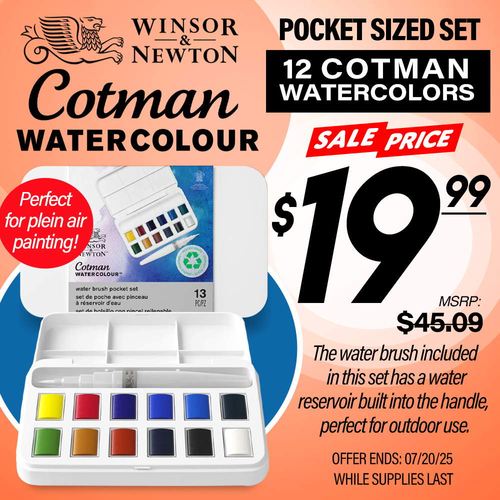 The Big Deal. Winsor & Newton Cotman Watercolor Pocket Set of 12 Colors. Water brush included. MSRP $45.09, Big Deal Price $19.99. Offer valid until July 20, 2025. While supplies last.