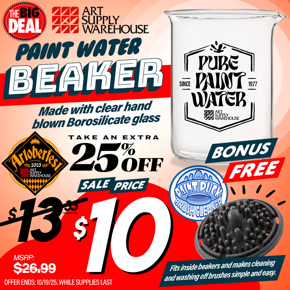 The Big Deal. Paint Water Beaker. Made with clear hand blown Borosilicate glass. Designed to dilute paint with water, enabling you to control paint consistency and color intensity. Bonus FREE Paint Puck. MSRP $26.99, Big Deal Sale Price $13.33. Offer valid until October 19, 2025. While supplies last.