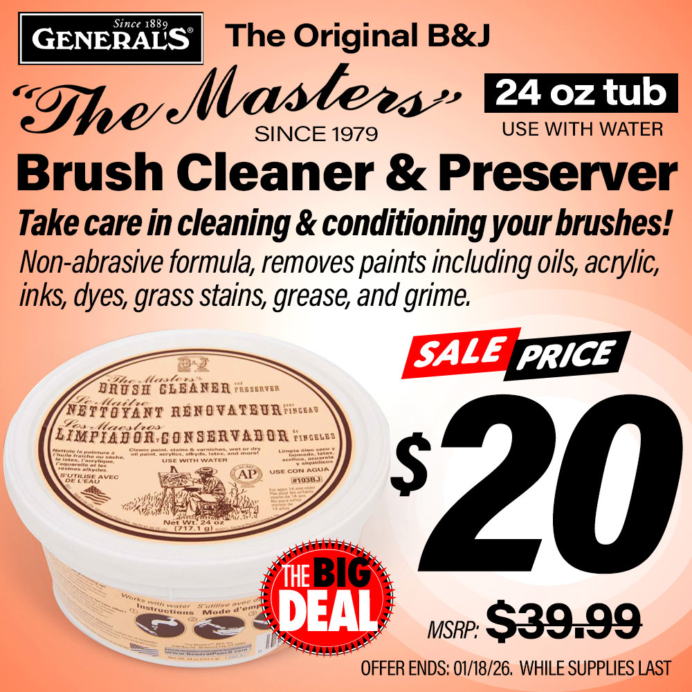 Generals The Masters Brush Cleaner and Preserver. Take care in cleaning and conditioning your brushes! MSRP $39.99, Big Deal Sale Price $20.00! Offer valid until January 18, 2026. While supplies last.