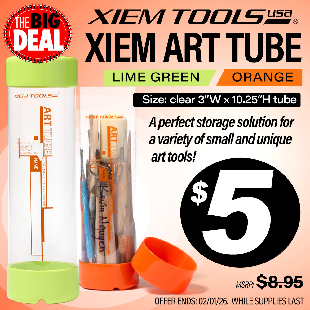 Xiem Tools Xiem Art Tube, Lime Green or Orange. A perfect storage solution for a variety of small and unique art tools. MSRP $28.80, Big Deal Sale Price $5.00! Offer valid until February 1, 2026. While supplies last.