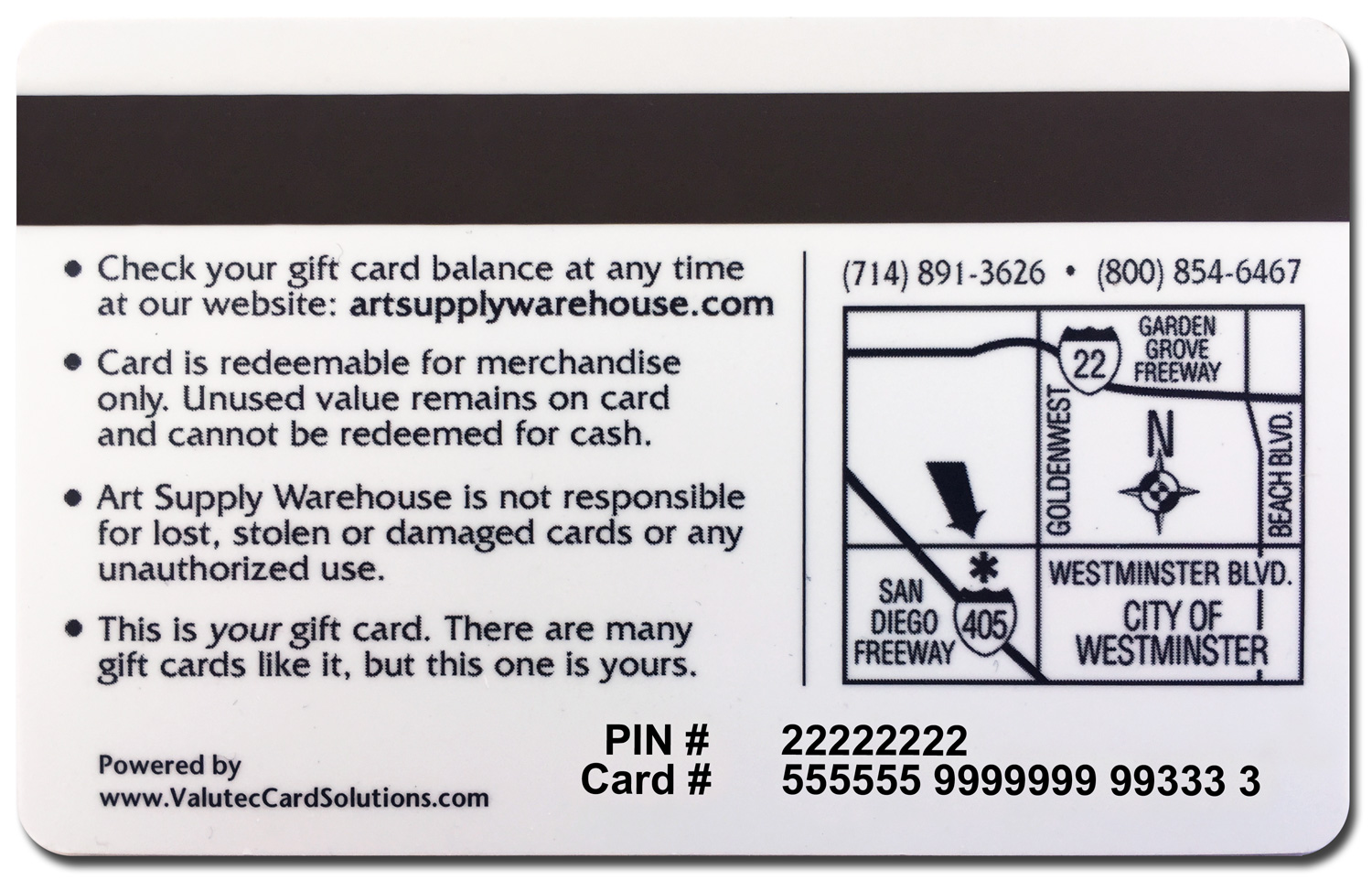 The back of an Old Style card has a PIN # with an eight digit number in the style 22222222. Under that, it has a Card # with a nineteen digit number in the style 555555 9999999 99333 3.