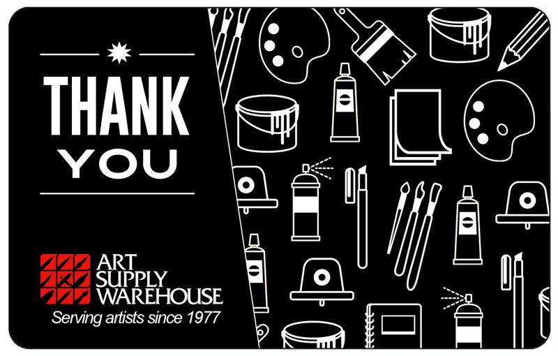 Art Supply Warehouse Gift Card. Thank You with graphic images of art materials.