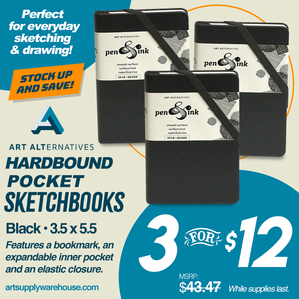 Perfect for everyday sketching! Stock up and save! Art Alternatives Hardbound Pocket Sketchbooks. Black cover, 3.5x5.5 inch. Features a bookmark, an expandable inner pocket and an elastic closure. MSRP $43.47 for 3, Sale price $12 for 3. While supplies last.