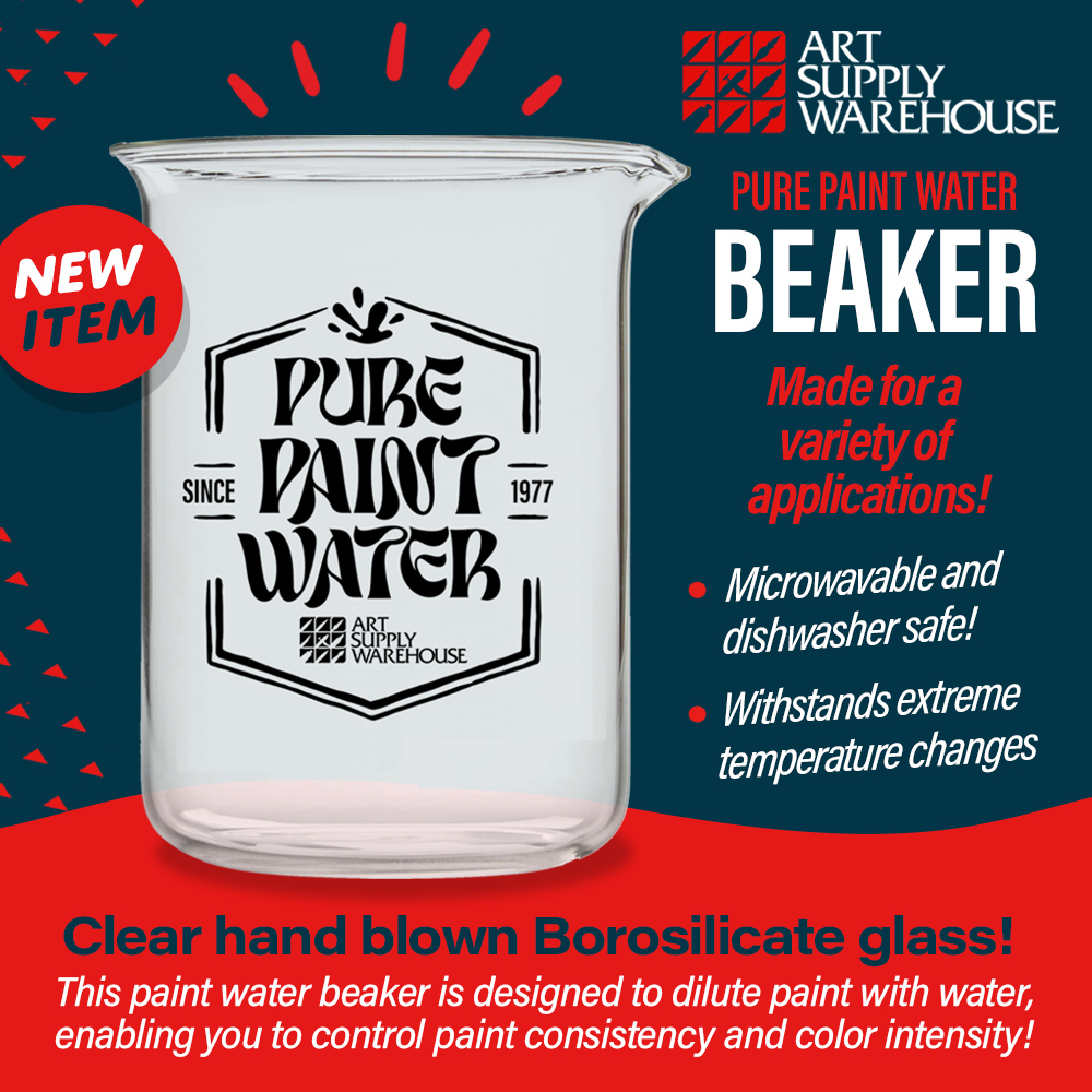 Pure paint water beaker. Made for a variety of applications! Microwavable and dishwasher safe! Withstands extreme temperature changes. Clear handblown borosilicate glass. This paint water beaker is designed to dilute paint with water, enabling you to control paint consistency and color intensity.