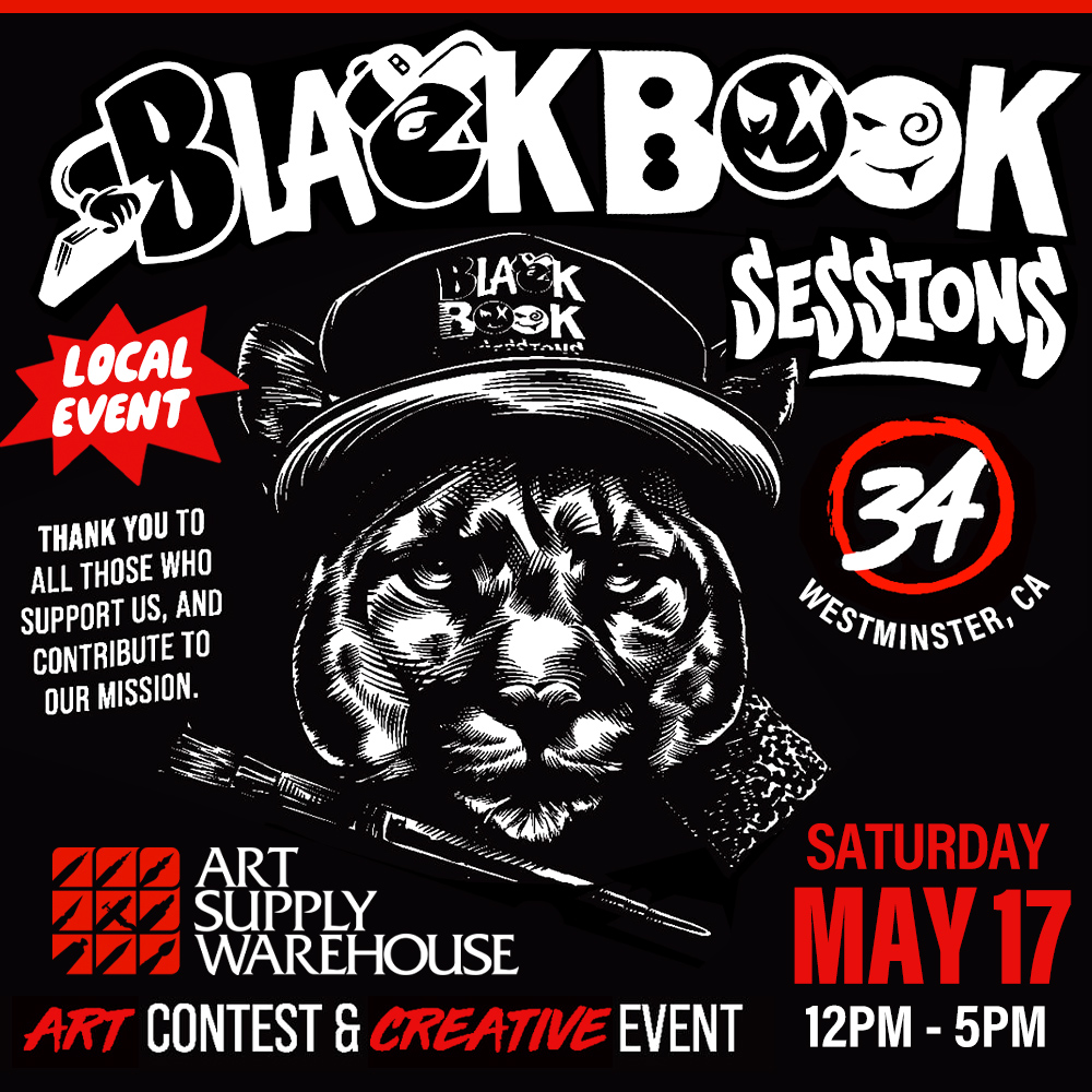 Black Book Sessions 34. Local event. Saturday May 17 12pm to 5pm. Art Contest & Creative Event. Thank you to all those who support us and contribute to our mission.