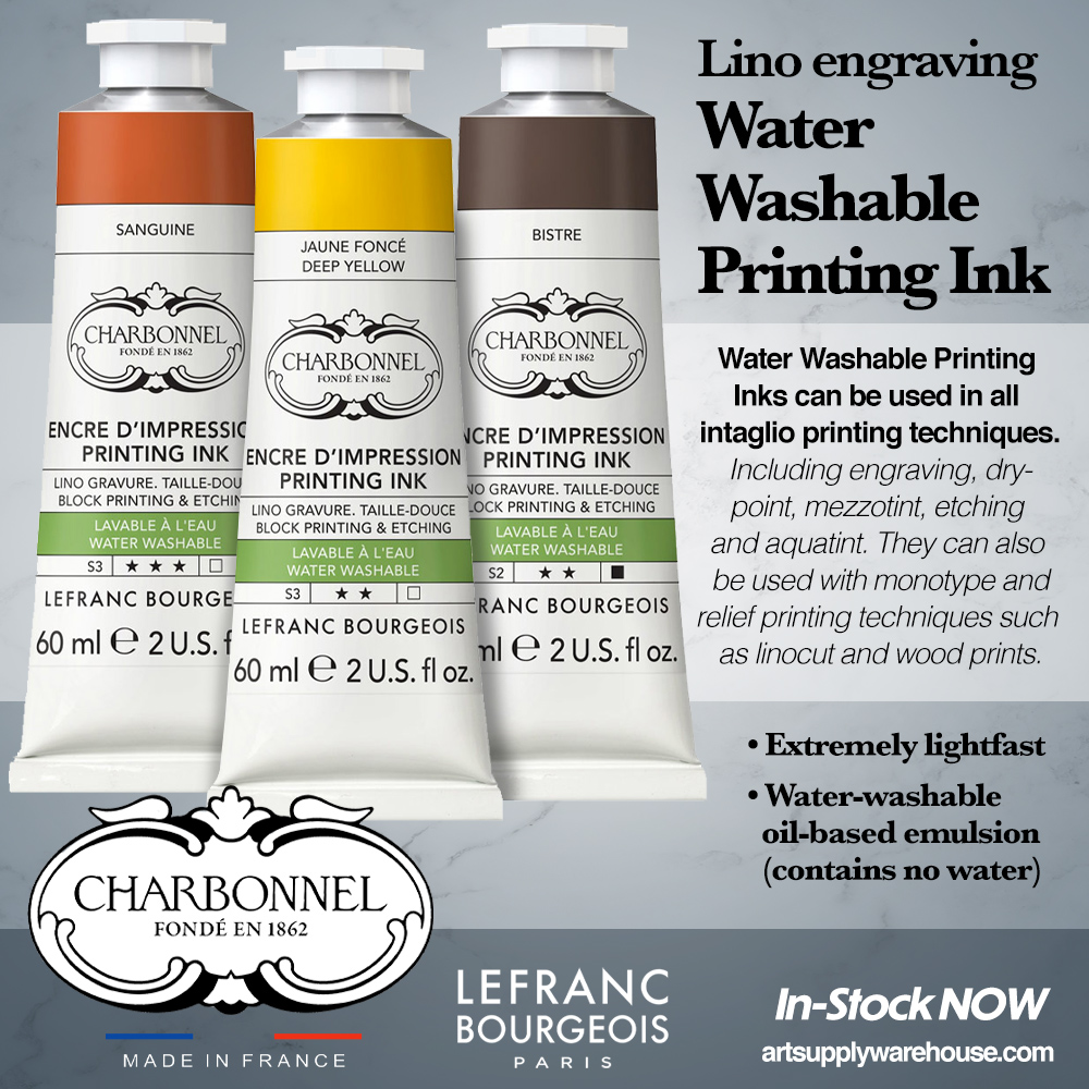 Charbonnel. Lino Engraving Water Washable Printing Ink.  Water Washable Printing Inks can be used in all intaglio printing techniques. Including engraving, drypoint, mezzotint, etching and aquatint. They can also be used with monotype and relief printing techniques such as linocut and wood prints. Extremely lightfast. Water-washable oil-based emulsion (contains no water). In Stock Now. Made in France by Lefranc & Bourgeois Paris.