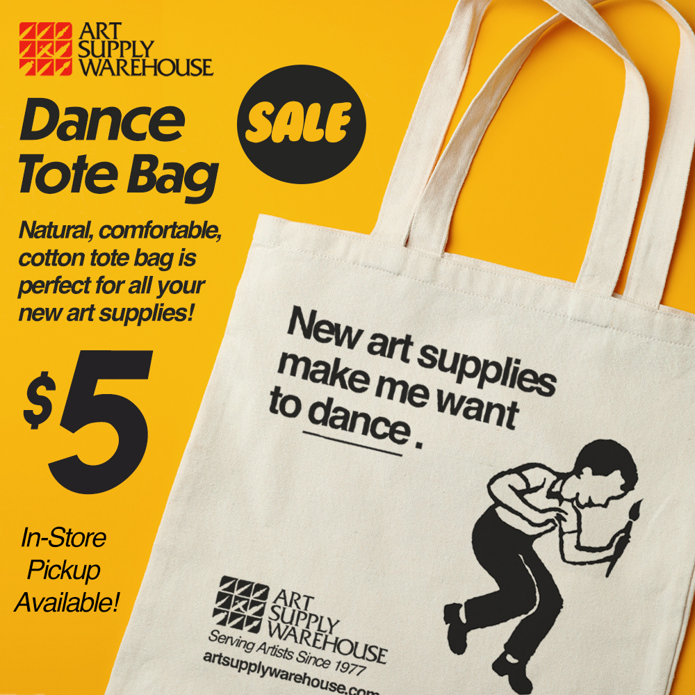 Dance Tote Bag. SALE. $5.00. Natural, comfortable, cotton tote bag is perfect for all your new art supplies! Bag says New art supplies make me want to dance.