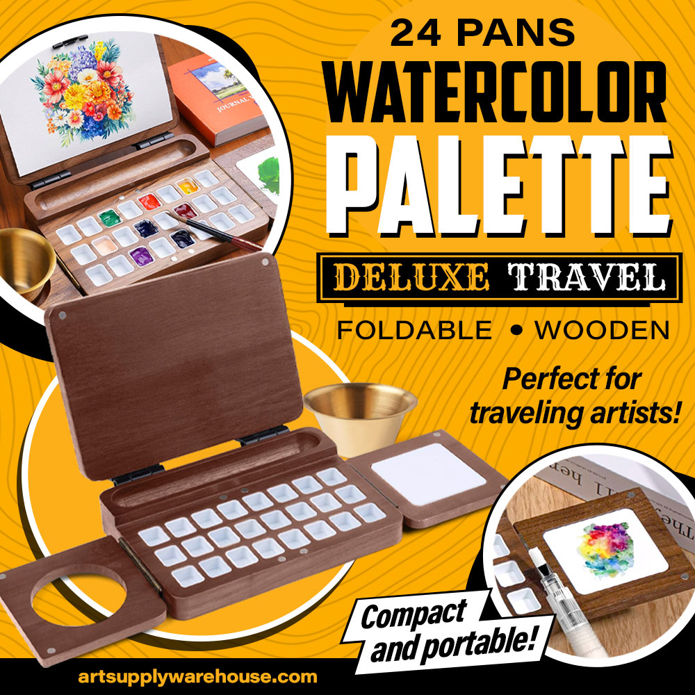 Watercolor Palette Deluxe Travel 24 Pans. Foldable. Wooden. Perfect for traveling artists.