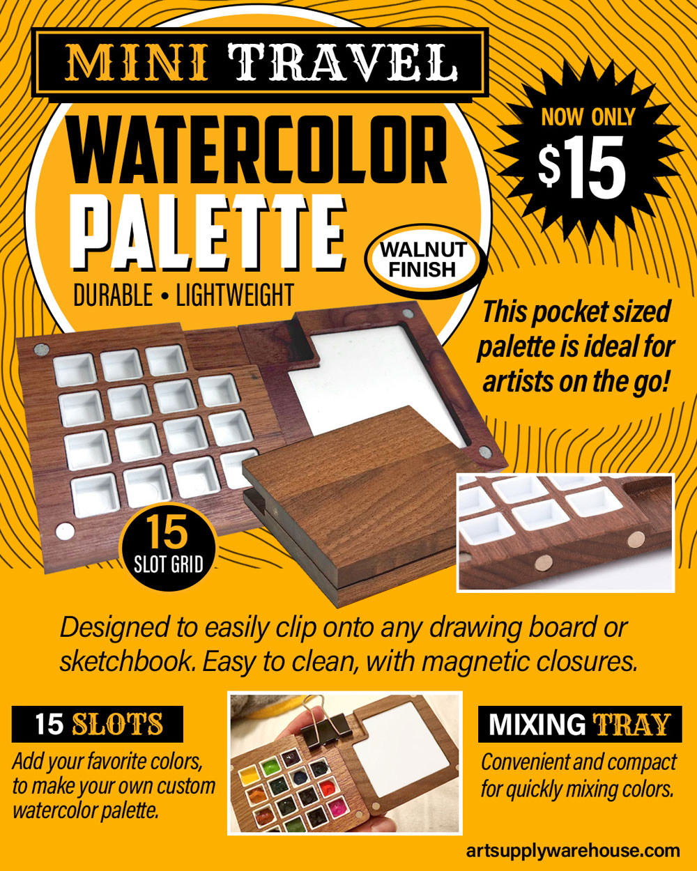 Mini Travel Watercolor Palette. Walnut Finish. This pocket sized palette is ideal for artists on the go! Now only $15.