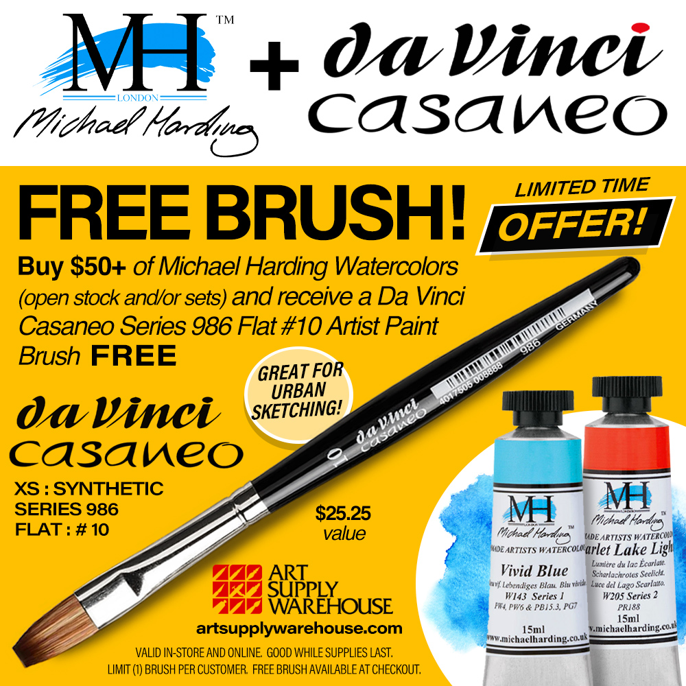 Michael Harding and Da Vinci Casaneo Brush Promotion. Free brush! Buy 50+ dollars of Michael Harding Watercolors and receive a Da Vinci Casaneo Series 986 Flat # 10 Artist Paint Brush Free. Limited time offer, good while supplies last.