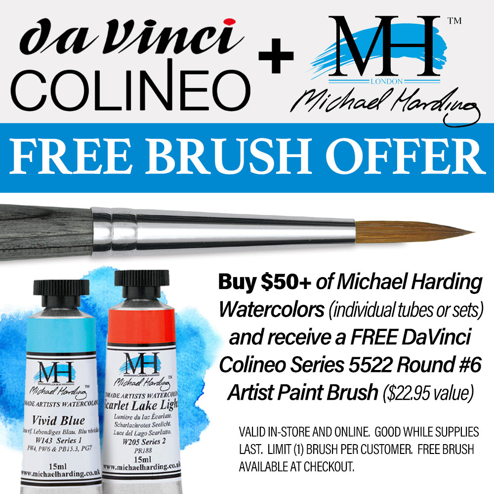 Michael Harding and Da Vinci Colineo Brush Promotion. Free brush! Buy 50+ dollars of Michael Harding Watercolors and receive a Da Vinci Colineo Series 5522 Round # 6 Artist Paint Brush Free. Limited time offer, good while supplies last.