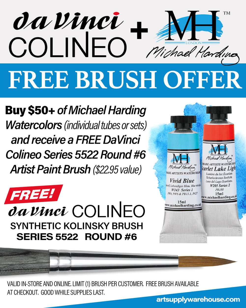 Michael Harding and Da Vinci Colineo Brush Promotion. Free brush! Buy 50+ dollars of Michael Harding Watercolors and receive a Da Vinci Colineo Series 5522 Round # 6 Artist Paint Brush Free. Limited time offer, good while supplies last.