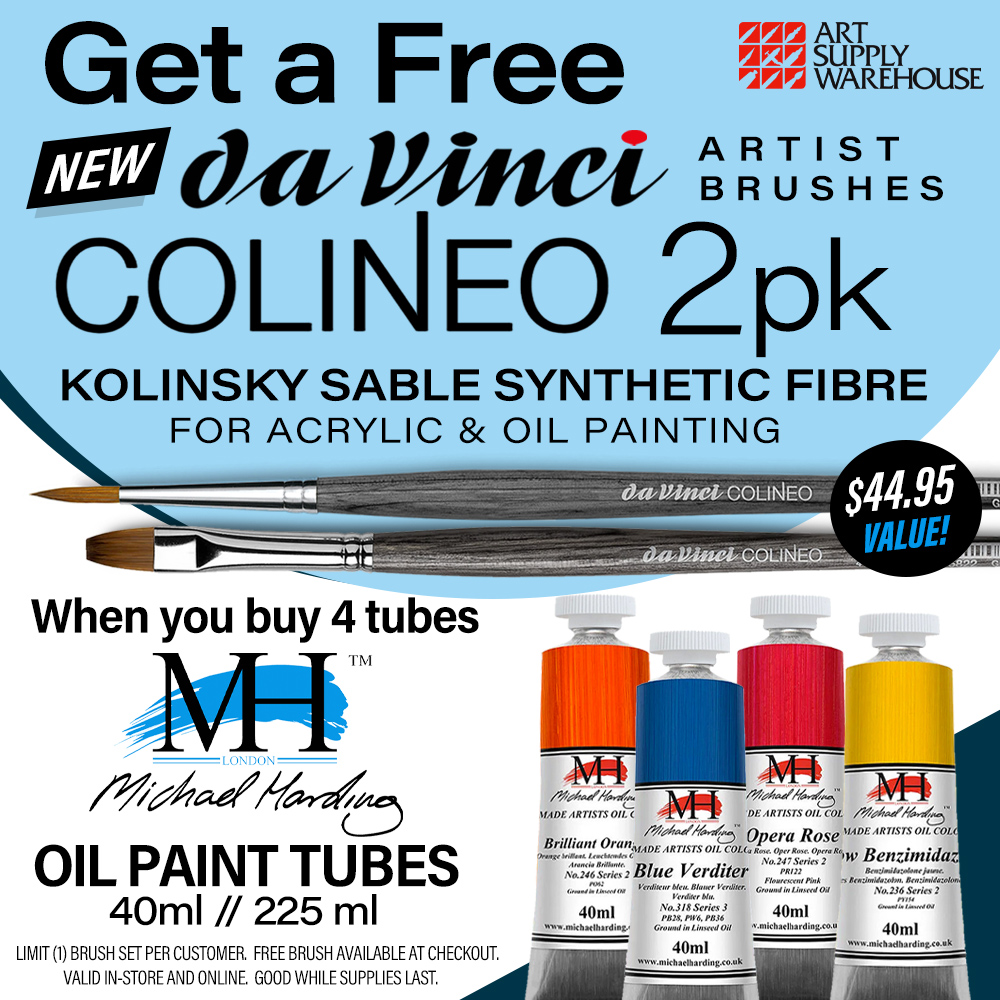 Get a free new Da Vinci Colineo Artist Brushes 2 pack when you buy 4 tubes of Michael Harding Oil Paint. Kolinsky Sable Synthetic Fibre for acrylics and oil painting. Limit 1 brush set per customer. Free brush available at checkout. Valid in store and online. Good while supplies last.