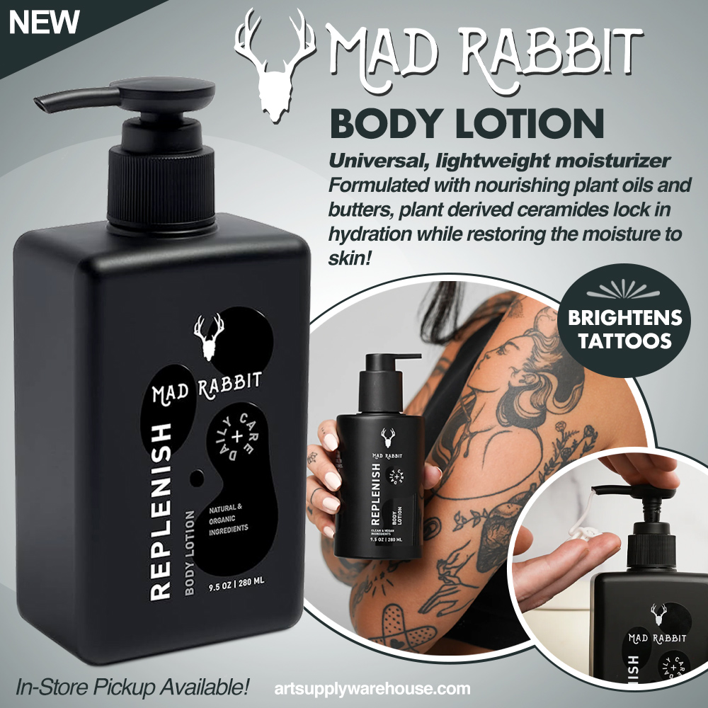 Mad Rabbit Body Lotion. Universal, lightweight moisturizer. Formulated with nourishing plant oils and butters, plant derived ceramides lock in hydration while restoring the moisture to skin! Brightens tattoos!