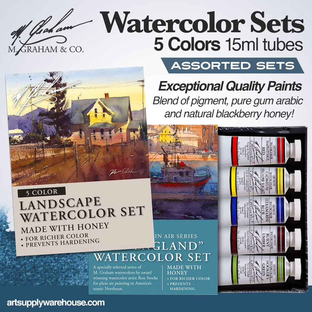 M. Graham Watercolor Sets. 5 Colors in 15ml tubes. Assorted Sets. Exceptional quality paints. Blend of pigment, pure gum arabic and natural blackberry honey!