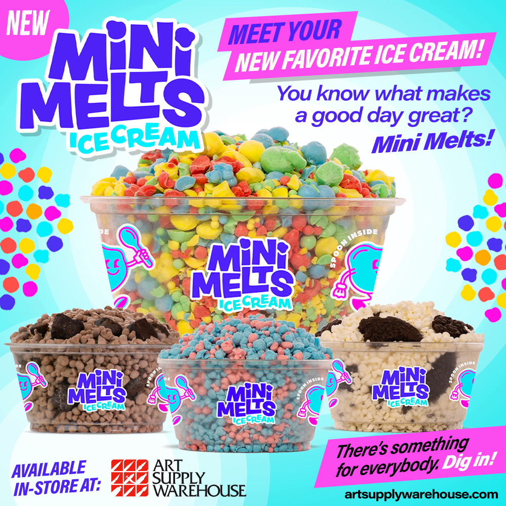 New Mini Melts Ice Cream. Meet your new favorite ice cream! You know what makes a good day great? Mini Melts! There's something for everybody. Dig In! Available in-store at Art Supply Warehouse.