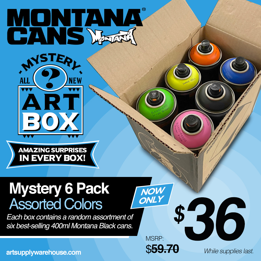Montana Cans Mystery Art Box. Amazing surprises in every box! Myserty 6 Pack Assorted Colors. Each box contains a random assortment of six best-selling 400ml Montana Black cans. MSRP $59.70, now only $36.00. While supplies last.