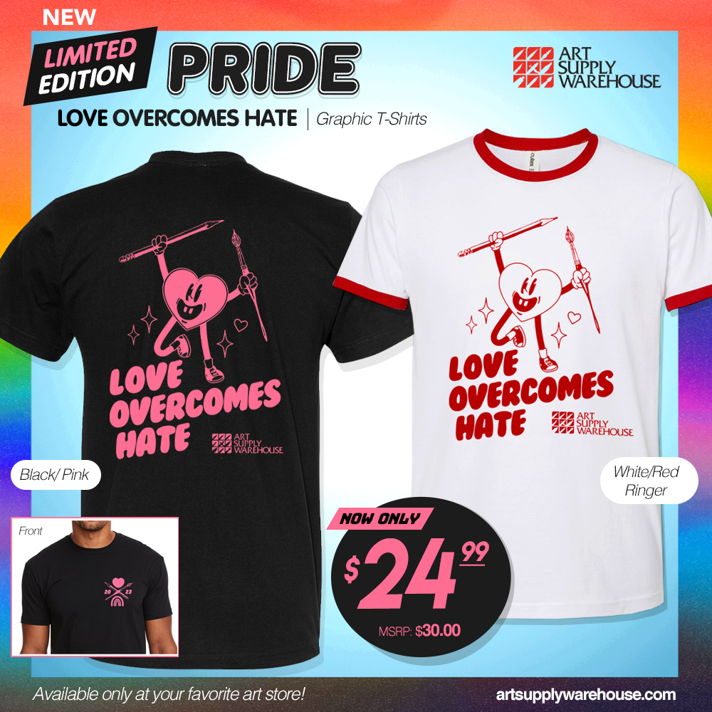 Limited Edition Pride Love Overcomes Hate Graphic T-Shirts. Available in Black/Pink and White/Red Ringer Styles. MSRP $30.00, Now Only $24.99 Each