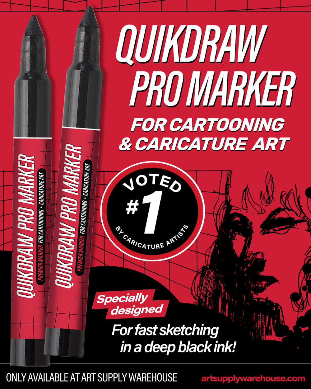 Quikdraw Pro Marker for cartooning and caricature art. Specially designed. Voted number one by caricature artists. For fast sketching in a depp black ink!