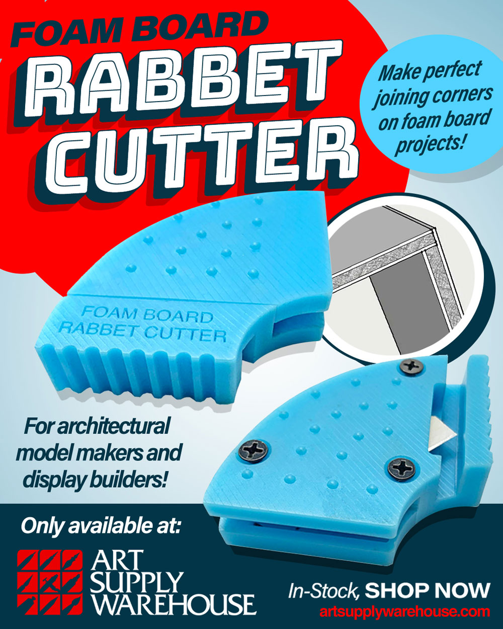 Foamboard rabbet cutter. Make perfect joining corners on foam board projects! For architectural model makers and display builders!