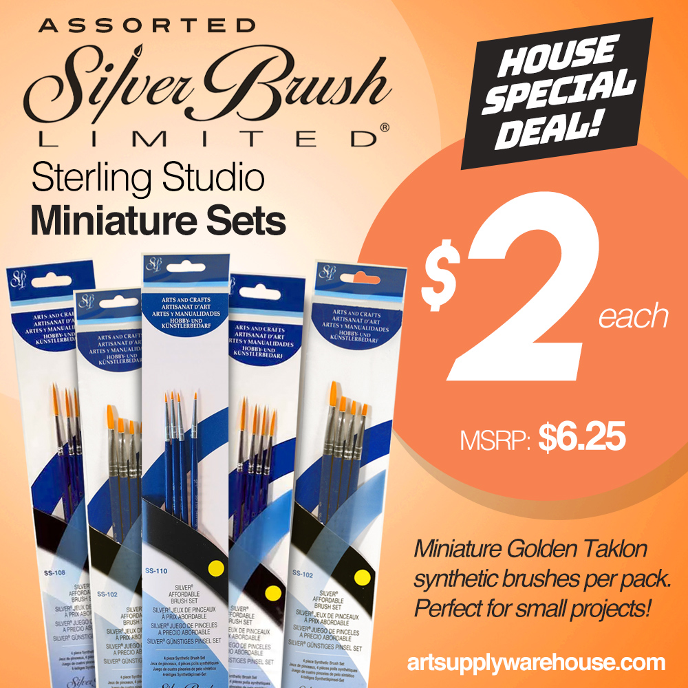 Assorted Silver Brush Lim ited Sterling Studio Miniature Sets. House Special Deal! Miniature Golden Taklon synthetic brushes per pack. Perfect for small projects! MSRP $6.25, now only $2.00 each.