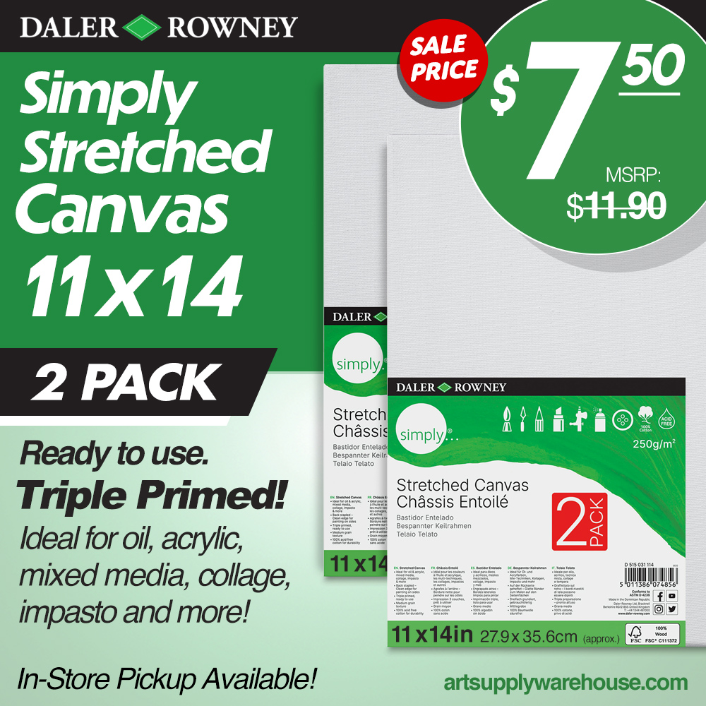 Daler Rowney Simply Stretched Canvas 11x14 2 pack. Ready to use. Triple primed! Ideal for oil, acrylic, mixed media, collage, impasto and more! MSRP $11.90, Sale Price $7.50. In store pickup available!