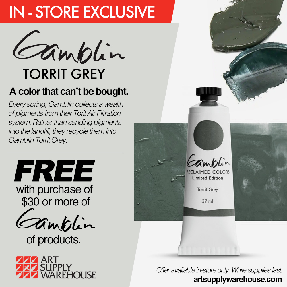 In-Store Exclusive! Gamblin Torrit Grey. A color that can't be bought. Every spring, Gamblin collects a wealth of pigments from their Torrit Air Filtration system. Rather than sending pigments into the landfill, they recycle them into Gamblin Torrit Gray Oil Paint. FREE with the purchase of $30.00 or more of Gamblin products. Offer available in-store only. While supplies last.
