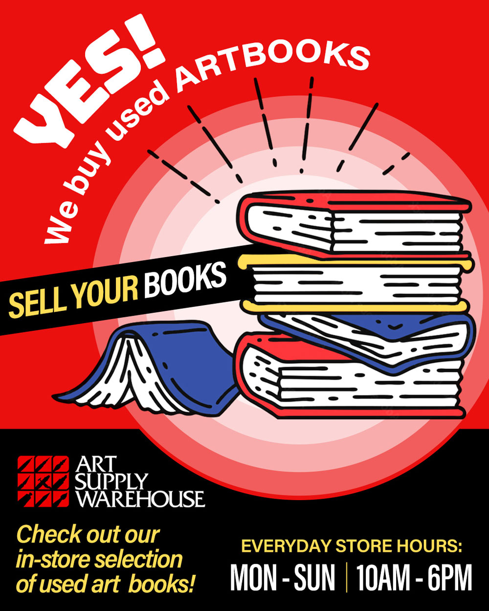 Yes! We Buy Used Books! Check out our in-store selection or used art books. Sell Your Books. Everyday Store Hours Monday to Sunday 10am to 6pm.
